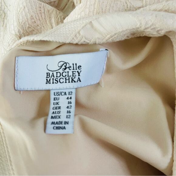 Badgley Mischka cream tan floral peplum sheath midi evening wedding dress 12 - Picture 6 of 7